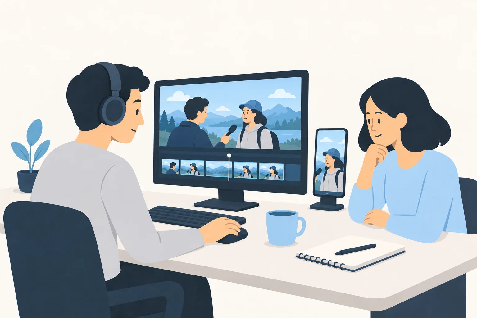 An editor and reviewer compare a landscape interview with its upright phone crop.