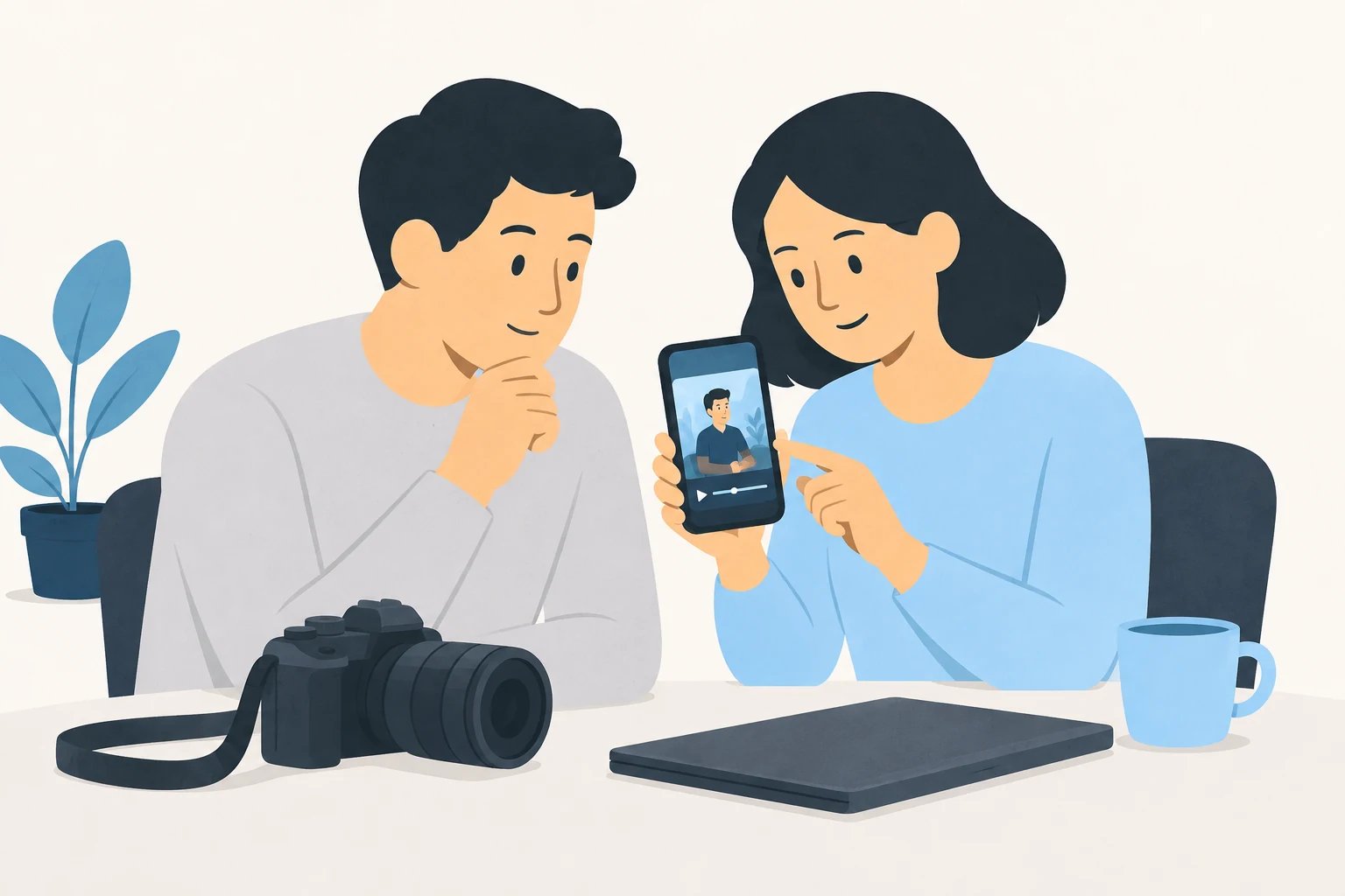 Two colleagues check an interview video on a phone beside a camera and closed laptop.