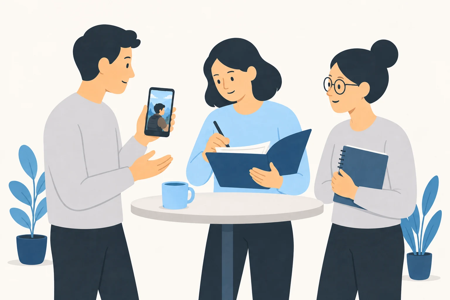 Three collaborators review a video still, permission folder, and source notebook.