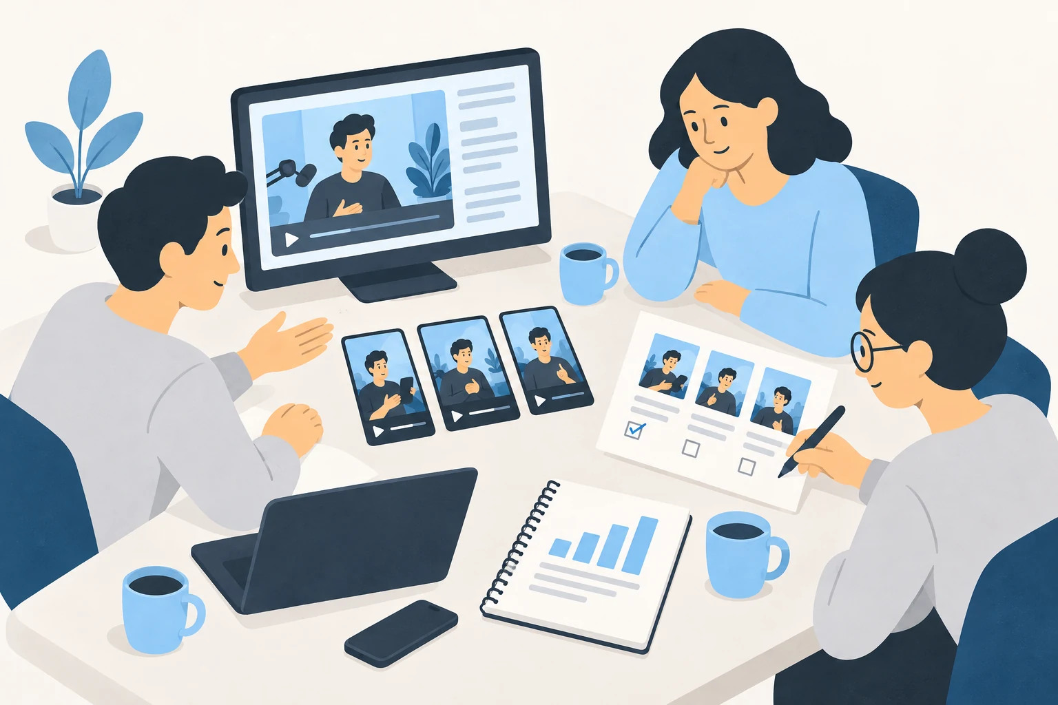 A creator and two collaborators review one long recording, three vertical clips, feedback, and a results notebook.
