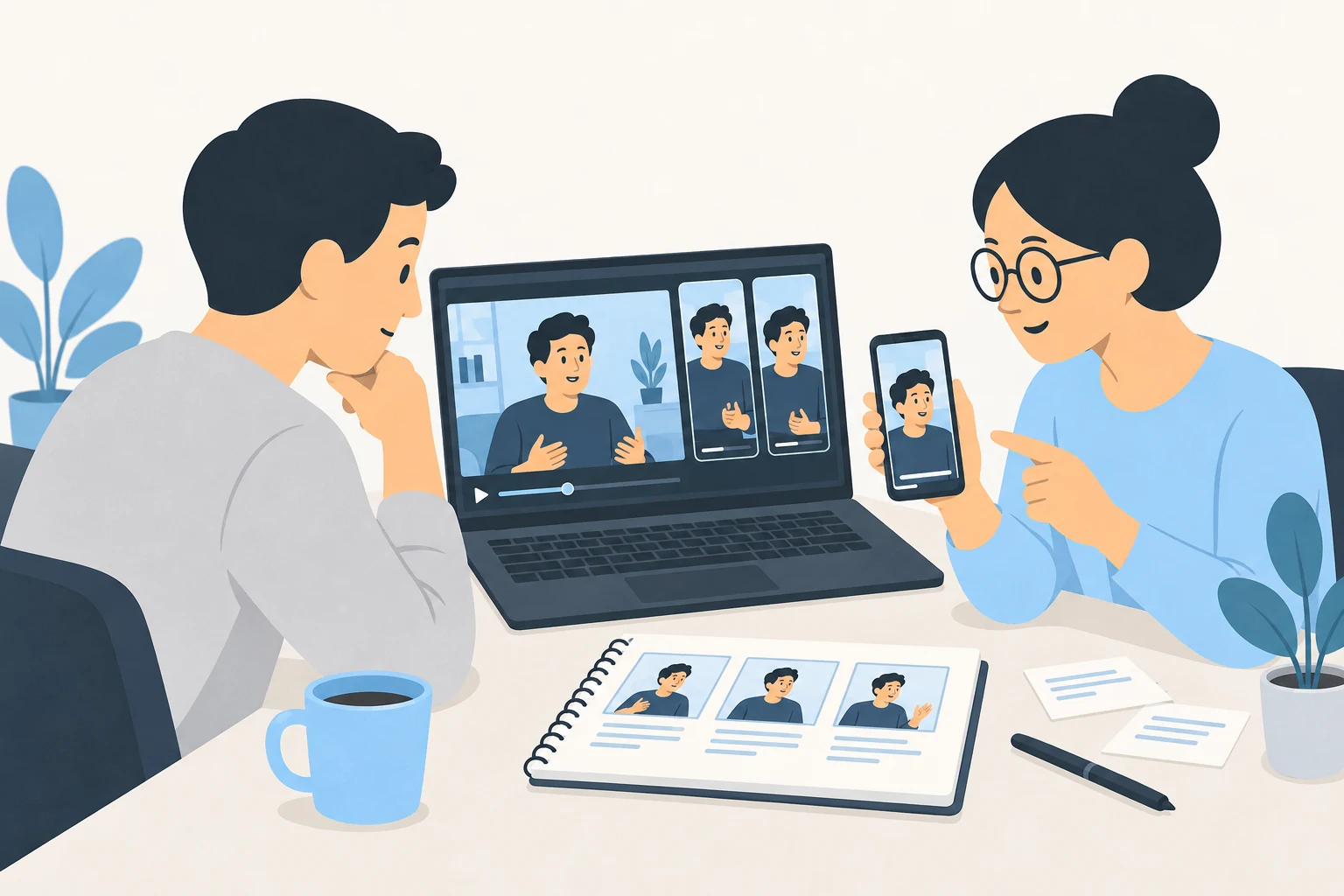 A creator and editor compare a talking-head recording with short vertical cuts and storyboard notes.