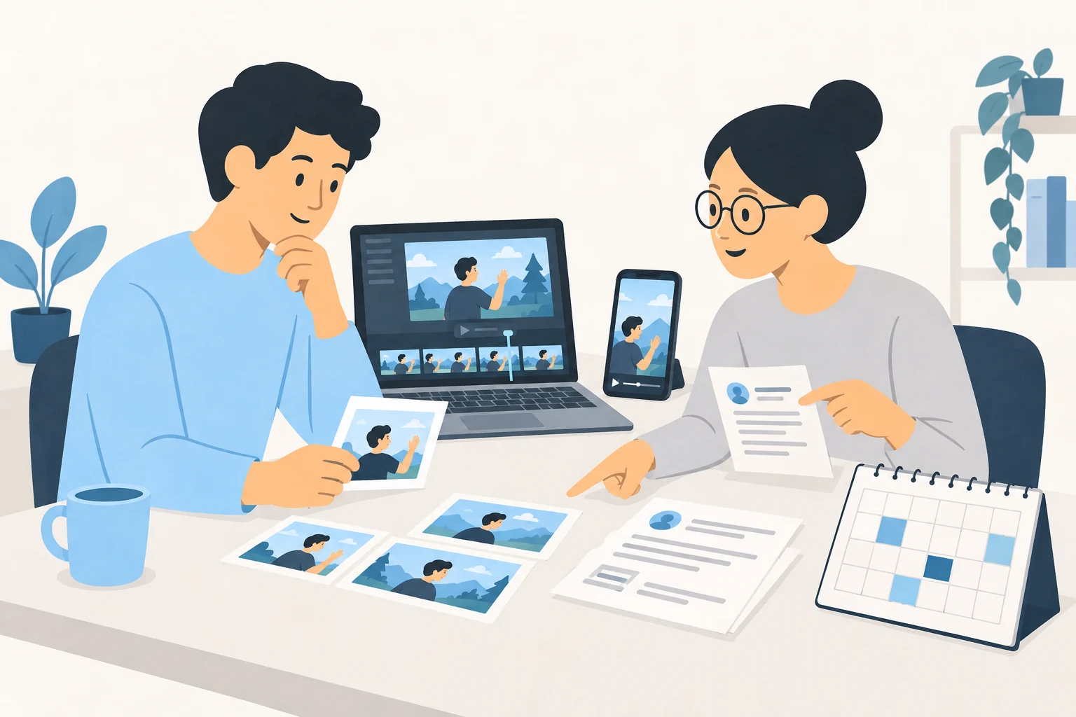 A creator and collaborator compare source footage, a vertical clip, review notes, and a publishing calendar.