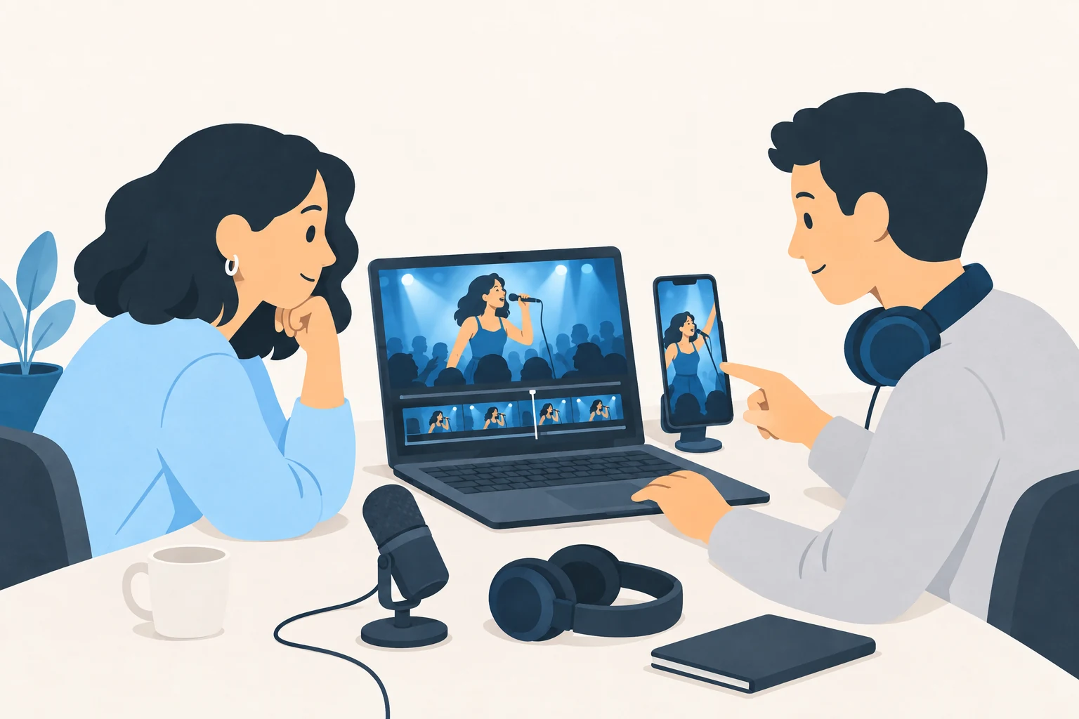 A singer and editor compare a concert recording on a laptop with its vertical phone crop.
