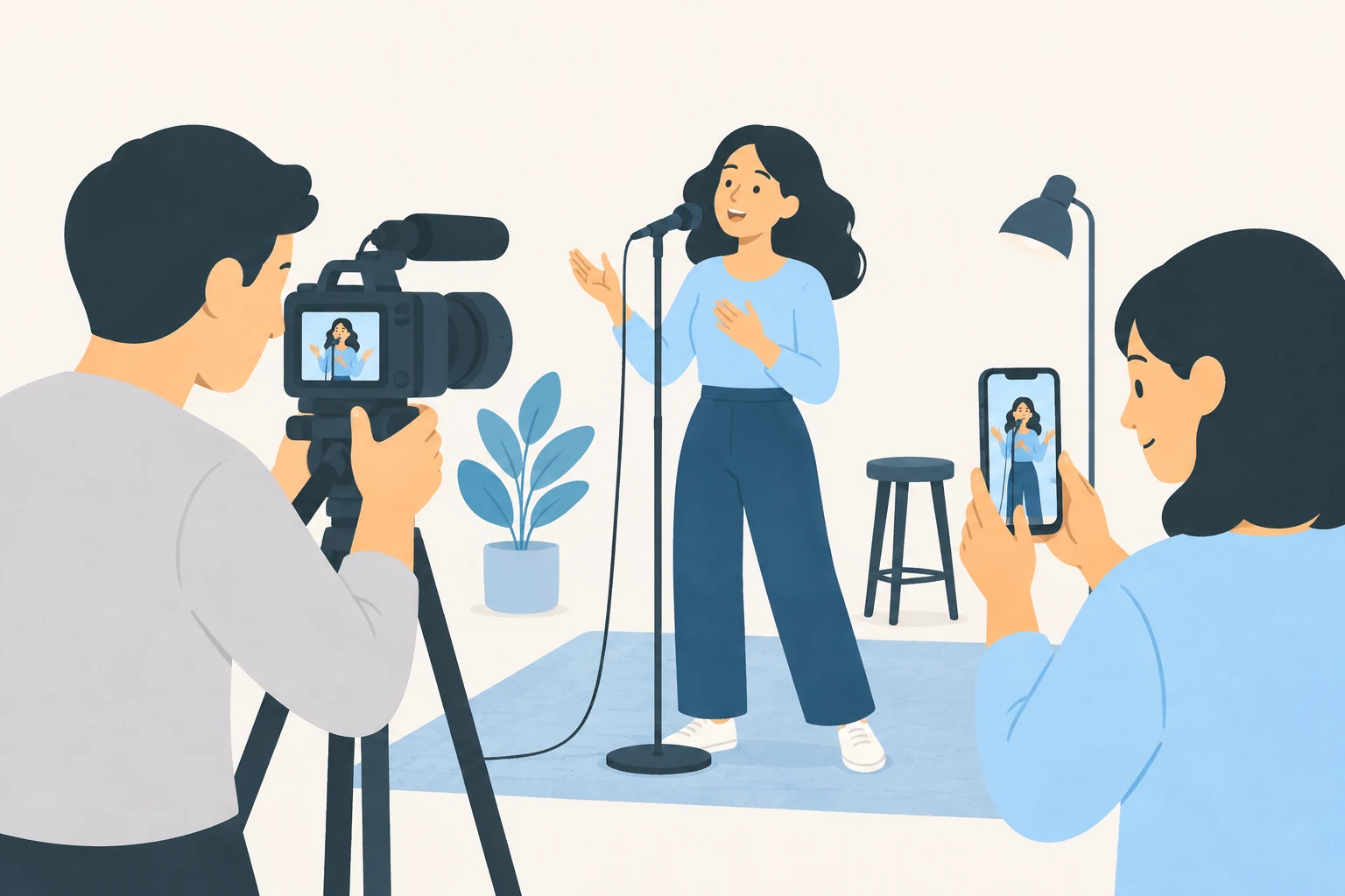 A singer performs at a microphone while a camera operator and phone videographer record vertical content.