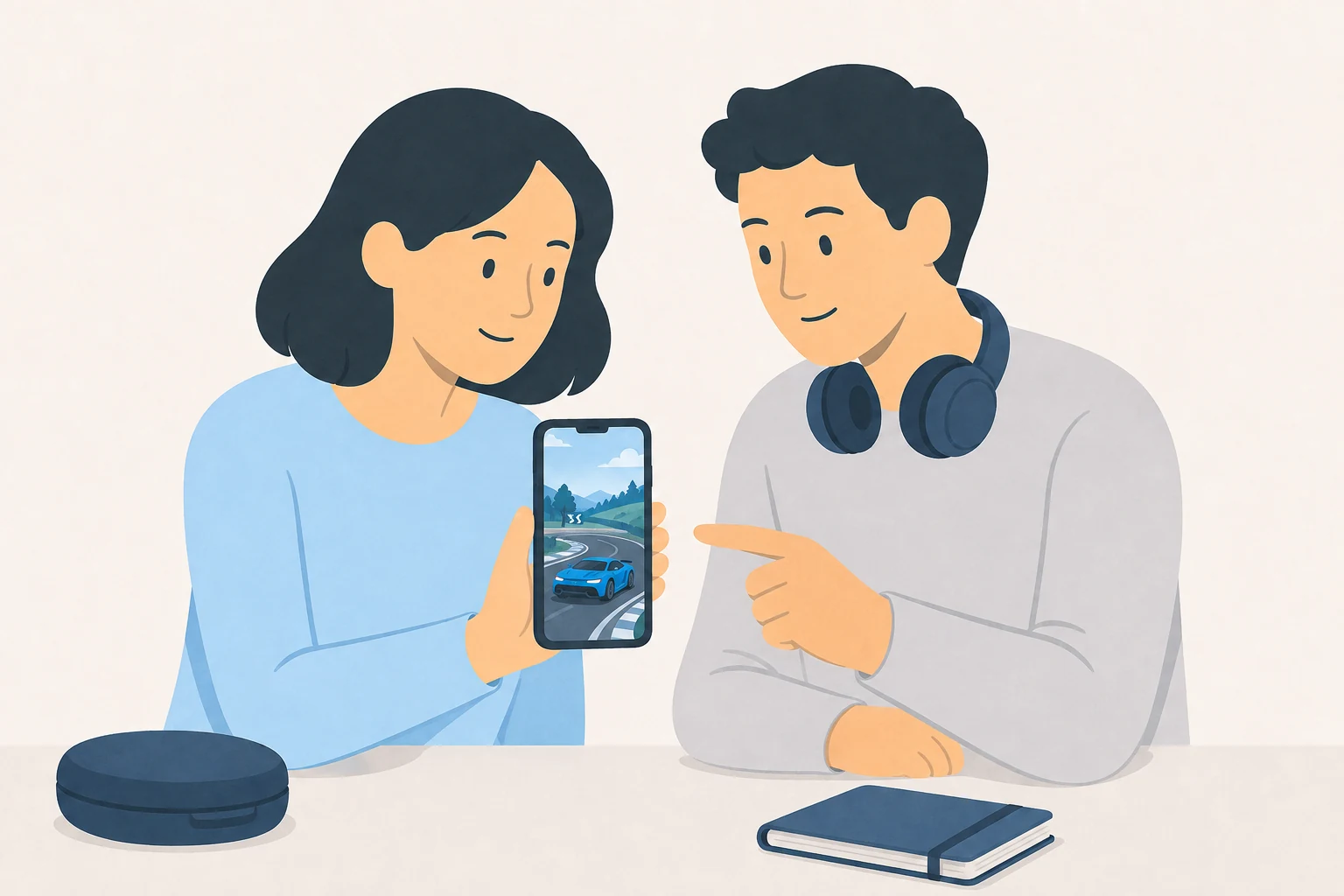 Two collaborators review a racing clip on a phone.