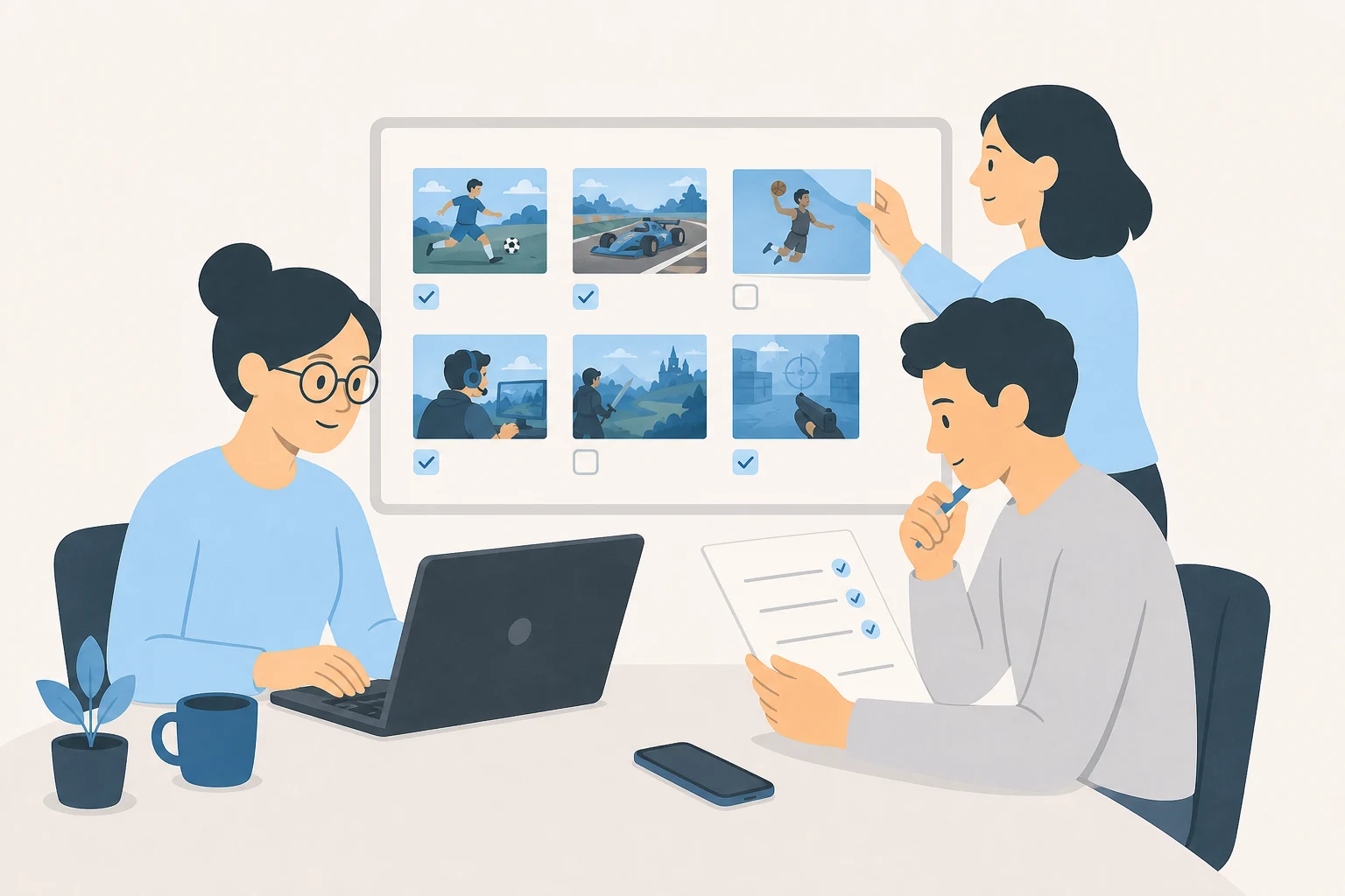 A team tracks clips through selection, editing, review, and posting.